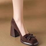 Hnzxzm Women Spring Autumn Pumps Chunky High Heels Shoes for Ladies New Bow Suede Fashion Heels Women Brown Platform Square Toe Zapatos