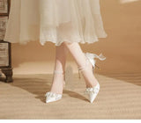 Hnzxzm Size 31-43 Pearls Chain Bow High Heels Women's Stiletto Heel Pointed Toe White Bridal Shoes White Wedding Shoes