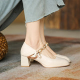 Hnzxzm Fashion Genuine Leather Mary Jane Women's Chunky Heel New Chain Pearl Ribbon Style Lady Elegant Shoes