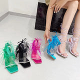 Hnzxzm European and American trendy Roman feather rhinestone square head crystal fashion versatile super high heels sandals runway show