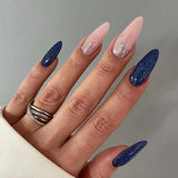 Hnzxzm 24Pcs Almond False Nails Glitter Gradient Blue Fake Nails with Glue Stiletto Wearable Spike Full Cover Nail Tips Press on Nails