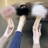 Hnzxzm Fashion Slippers Women's Summer New Open Toe Plush Fox Fur Chunky with Flip Flops Sexy Home Banquet Square Toe Simple Pumps