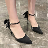 Hnzxzm White Elegant Bowknot Thin Heels Pumps Women Pointed Toe Ankle Strap Wedding Party Shoes Woman Silk Super High Heels Bride Shoes