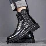 Hnzxzm Winter Plush High Top Comfortable Lace Up Motorcycle Boots Casual Shoes British Style Side Zipper Fashion Leather Men's Boots