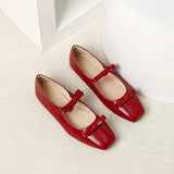 Hnzxzm New Double Bowknot Mary Jane Shoe Women Square Toe Glossy Leather Flats Female Red Dance Ballets Party Wedding Shoe Size 44