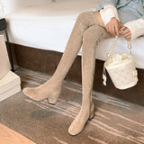 Hnzxzm New 2024 Autumn Winter Stretch Over The Knee Boots Women Fashion Suede Round Toe Square Platform Shoes Thick Heels Long Booties