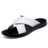 Hnzxzm Fashion Men Real Leather Slippers Summer New Black White/red/yellow Cross Over Slippers Men's Leisure Comfort Flat Sandals