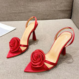 Hnzxzm Summer Fashion Silk Rose Flowers Pointed Open Toe Back Strap Sandals Women Red High Heels Wedding Prom Shoes Zapatos Mujer