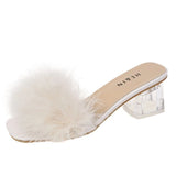 Hnzxzm Fashion Slippers Women's Summer New Open Toe Plush Fox Fur Chunky with Flip Flops Sexy Home Banquet Square Toe Simple Pumps