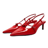 Hnzxzm Patent Leather Women Sandals Sexy Pointed Toe Back Strap Buckle Summer Slingback Footwear Large Size High Heel Red Wedding Shoes