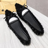 Hnzxzm 2024 Autumn Black Bling Women Flats Elegant Pointed Toe Footwear Classic Bowknot Shallow Slip-on Soft Sole Date Shoes for Lady