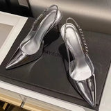 Hnzxzm Shiny High Heels Slingback Women Pumps Metallic Crystal Sandals Pointy Toe Stiletto Heeled Shoes Silver Party Dress Shoes Woman