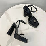 Hnzxzm Thin Band Buckle Ankle Strap Shoes Chunky Platform High Heels Buckle High Heels Pumps Women Square Head Thick Heel Ladies Shoes