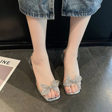 Hnzxzm Summer New Transparent PVC Fashion High with Sandals Fine with Bow Outside Wear Slippers Square Head Women Shoes