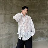 Hnzxzm 2024 Summer New Men's Personalized Butterfly Embroidery Shirt Hollow Out Long Sleeve Fashion Loose Single Breasted Tops