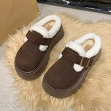 Hnzxzm Women Fur Cotton Slippers Buckle Suede Platform Home Shoes 2025 Winter Boots New Fashion Warm Flats Plush Flip Flops Mules Shoes