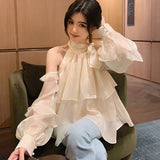 Hnzxzm Spring Summer Long sleeve Chiffon shirt Sexy Off the shoulder Tops Sweet Loose Solid Ruffles Women Blouse