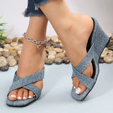 Hnzxzm Fashion Denim High Heels Women Slippers Summer Open Toe Wedge Sandals Woman Plus Size Non Slip Beach Shoes Female