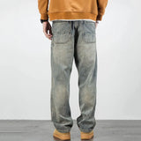 Hnzxzm American Casual Men Yellow Mud Dyed Jeans Spring Autumn Vintage Oversize Pants Streetwear Fashion Baggy Straight Wide Trousers