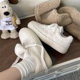 Hnzxzm Fluffy Fur White Platform Sneakers Women 2024 Spring Lace Up Casual Sports Shoes Woman Simple Flat Heels Student Shoes