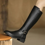 Hnzxzm New Pu Leather Knee Boots for Women Shoes Buckle Metal Decoration Fashion Outdoor Ladies Footwear Size 34-41 Long Black