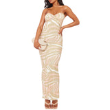 Hnzxzm Chic and Elegant Women Tube Dress Strapless Backless Hollowed Striped Patchwork Long Dress Clubwear Robe Femme