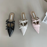 Hnzxzm Casual Women Slippers Pointed Toe Black White Pink Bow Design Shallow Slip On Mules Shoes Thin Low Heels Summer Outside Pumps