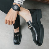 Hnzxzm 2024 Italy Black Leather Shoes Men Slip-On Oxford Dress Shoes Men Square Head Footwear Casual Party Shoes Thick bottom Loafers