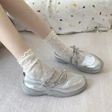 Hnzxzm Silver Mary Jane Shoes for Women Sneakers New 2024 Fashion Bowknot Belt Buckle Casual Shoes Soft Leather Platform Walking Flats