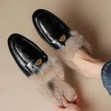 Hnzxzm 2024 New Women's Fuzzy Slippers Winter Warm Flat Half Slippers Fashion Covered Women Shoes Mules Elegant Metal Buckle Loafers