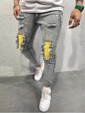 Hnzxzm Men's Casual Creative Street Style High Stretch Paint Splatter Ripped Design Slim Fit Jeans Denim Pants For Spring Summer