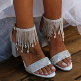 Hnzxzm Rhinestone Chain Tassel High Heels Women Open Toe Rhinestone Diamond Sandals Thick Heeled High Heels White Sexy Bridal Shoes