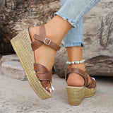 Hnzxzm Fashion Weave Wedge Heel Sandals Women Pu Leather Chunky Paltform Sandalias De Mujer Ankle Buckle High Heels Gladiator Shoes