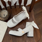 Hnzxzm Trendy Elegant Bowknot Girls Mary Jane Shoes Buckle Single Shoes College Style Footwear High Heel Pumps Thick Heel Shoes
