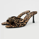 Hnzxzm 2024 New European and American High Quality Women Shoes Bow Knot Leopard Print High Heel Slippers Women Slippers