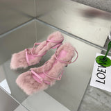 Hnzxzm 2024 New Brand Plush Fur Fuzzy Sandals Women Thin Heels Fashion Square Toe Ankle Lace Up Buckle Strap Slides Shoes