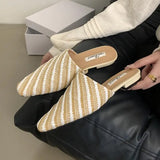 Hnzxzm Summer Fashion Mix Color Flat Slipper Women Mules Shoes Cane Weave Ladies Sandal Shoes Square Flat Heel Outdoor Casual Shoes