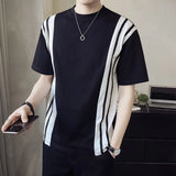 Hnzxzm Summer New Youth Fashion Trend Long Sleeved T-Shirts Men's Panelled Patchwork Asymmetrical Loose Round Neck Versatile Casual Top