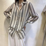 Hnzxzm Striped Turn-down Collar Chiffon Lantern Long Sleeve Contrast Color Button Up Cardigan Shirt Women's Spring Autum Tops