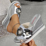 Hnzxzm Women Flower Decor Wedge Sandals Sequins & Rhinestone Slip On Open Toe Platform Shoes All-Match Outdoor Sandals  Music Festival