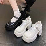 Hnzxzm High Heels Platform Chunky Pumps Women Pu Leather Ankle Buckle Mary Jane Shoes Woman Thick Heeled Goth Lolita Shoes Female