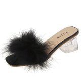 Hnzxzm Fashion Slippers Women's Summer New Open Toe Plush Fox Fur Chunky with Flip Flops Sexy Home Banquet Square Toe Simple Pumps