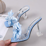 Hnzxzm New Fashion Crystal Bow High Heels Slippers Shoes Woman Sexy PVC Transparent Sandals Women Slides Open Toe Pumps Blue Black