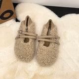 Hnzxzm Winter Warm Fur Women Mary Jane Shoes Flats Casual Shallow Ladies Comfort Soft Sole House Cotton Shoes