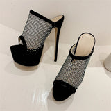 Hnzxzm Design Peep Toe CRYSTAL Mesh Fabric Sexy Women Slippers Stiletto Platform High Heels Female Nightclub Shoes