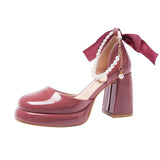 Hnzxzm New Bow High Heel Sandals with Fairy Style Trendy Mary Jane Net Red Pearl Hollow Thick Heel Sandals