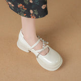 Hnzxzm Mary Jane shoes  New Party Princess Wedding Chunky Heel Buckle Pearls Leather Shoes