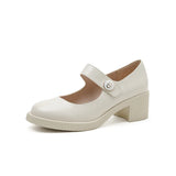 Hnzxzm Autumn New Vintage Round Head White Mary Jane Thick Heel Shoes with Japanese Fashion Small Leather Shoes