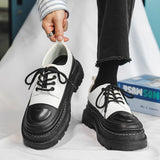 Hnzxzm New Black and White Large Toe Derby Shoes with Thick Soles and Added Lace up Leather Shoes for Casual Men's Leather Shoes