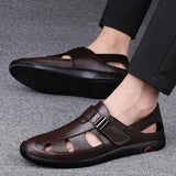 Hnzxzm New Genuine Leather Men Black/brown Sandals Dress Shoes Summer Beach Shoes Business  Breathable Hollow Out Flat Casual Sandals